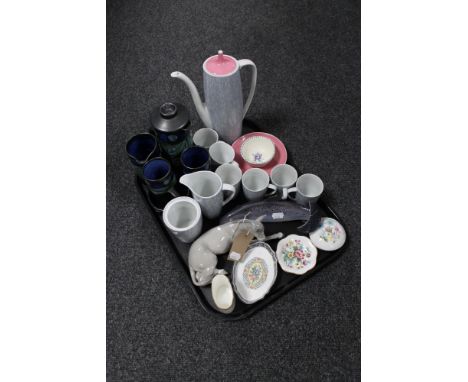 A tray of Lladro donkey figure (a/f), Bing &amp; Grondhal trout (a/f), Coalport and Wedgwood vase and pin dishes, continental