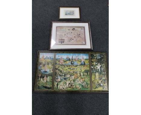 A reproduction framed map of the world in the 16th century, a print of nude figures and a framed print of Venice  