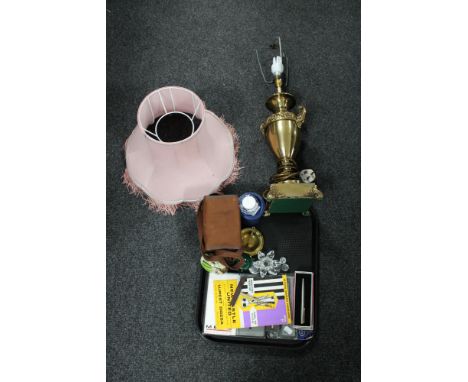 A tray of Newcastle United Fairs cup programme, Parker pens, brass table lamp, vintage camera, Swarovski crystal candle holde