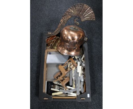 A box of copper Gladiator style helmet, carved wooden animal figures, quantity of flat ware etc 