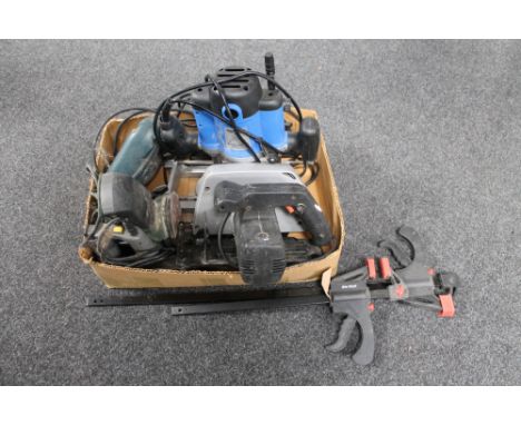 A box of power tools, Black and Decker jig saw, circular saw, Router, Nail gun etc 
