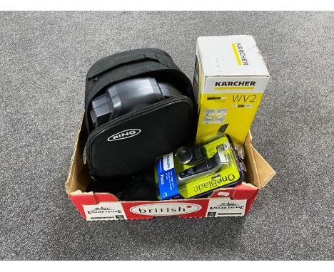 A box of Karcher window vacuum, Philips one blade shaver, Ring presser together with hair dresser's scissor and comb set 