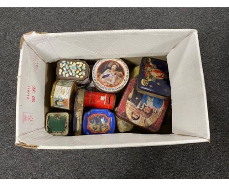 A box of vintage tins, Smarties, Royalty etc 