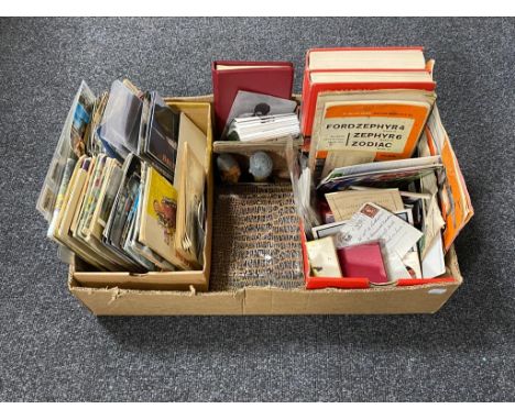 A box of stamp collector's albums, postcards, tea card albums, cigarette cards, ephemera etc 