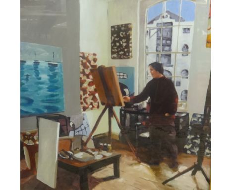 Lee Woods, oil,&nbsp; Self Portrait at Studio, glazed within an ash frame, overall size 114cm x 114cm (this was painting show