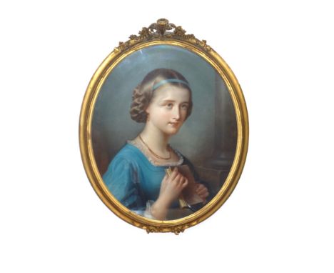 L.Mar 19th Century pastel portrait, signed, written label verso, 'The Blue Lady, L.Mar, Paris 1825 pupil of Cibot, exhibited 