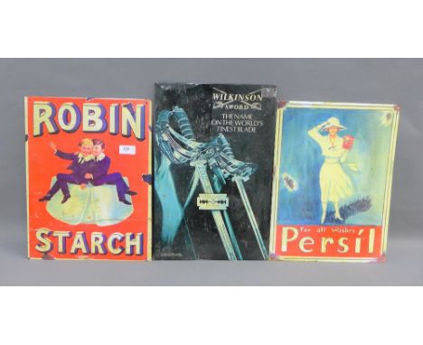 Three vintage signs to include Robin Starch 'For all washes Persil' and a 'Wilkinson Sword' advertising sign, largest 30 x 40