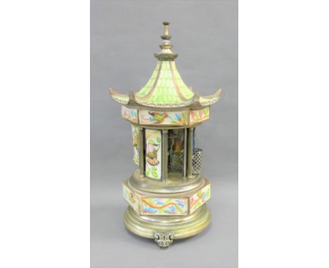Vintage musical Pagoda cigarette dispenser with ceramic panels, 39cm high 