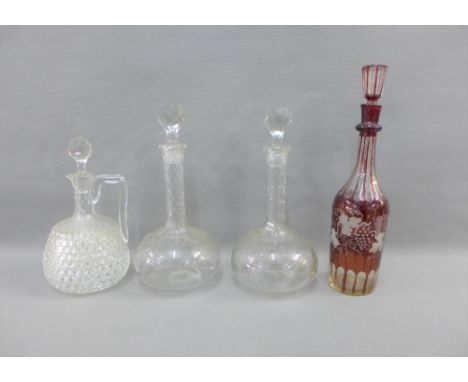 Pair of 19th century Globe and Shaft etched glass decanters with stoppers, a hobnail cut decanter with stopper and a ruby fla