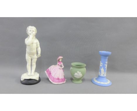 Mixed lot to include a Wedgwood candlestick, Coalport figure and a white faux hardstone figure of a boy (4) 