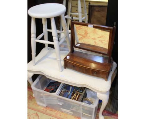 A LATER PAINTED RECTANGULAR COFFEE TABLE together with a painted circular topped stool, and a painted dressing table mirror 