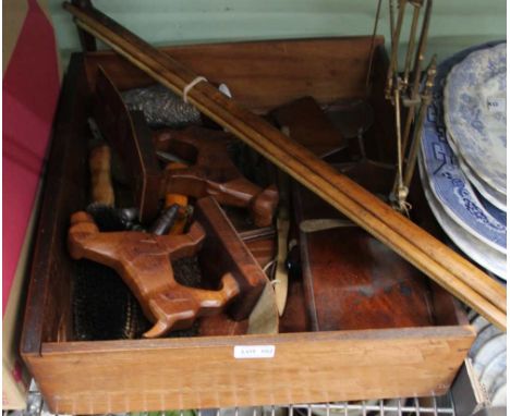 A WOODEN DRAWER CONTAINING A SELECTION OF USEFUL DOMESTIC &amp; COLLECTABLE ITEMS, to include; balance scales and weights, to