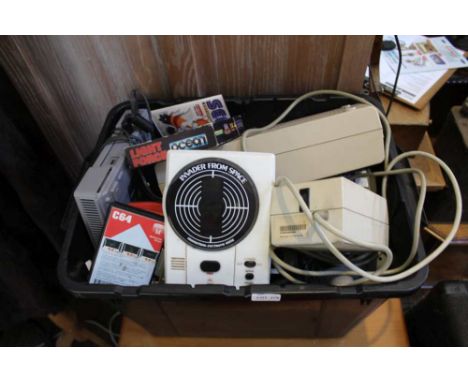A LARGE BLACK CRATE CONTAINING A SELECTION OF VINTAGE COMPUTER &amp; GAMING EQUIPMENT 