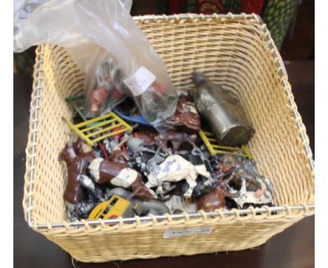 A BASKET CONTAINING A MINIATURE BASE METAL FLASK together with painted cast metal animals and figures various 