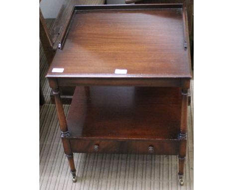 A REPRODUCTION MAHOGANY SQUARE TOPPED TWO-TIER LAMP TABLE fitted with a single drawer 