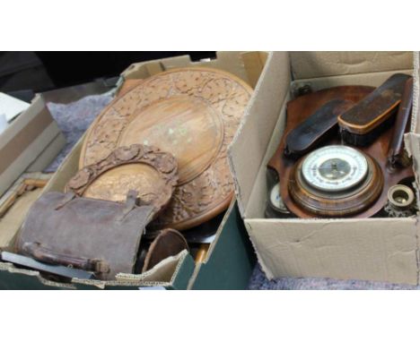 TWO BOXES OF VINTAGE DOMESTIC COLLECTABLES to include carved wooden folding table, barometer and brush set, dressing table to