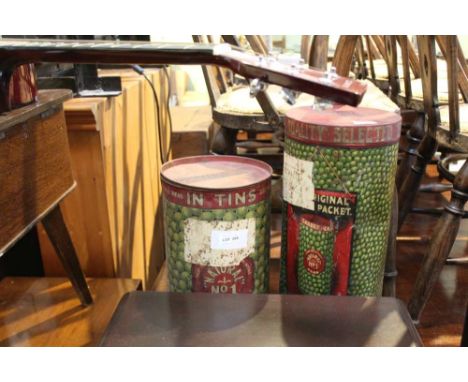 TWO VINTAGE COLOUR PRINTED DOMINO GARDEN PEA TINS 