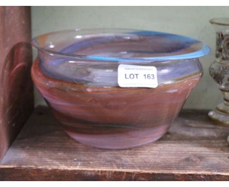 A MICHAEL RAYNER STUDIO GLASS BOWL of tapering shouldered form with inverted rim, swirls of colour decoration, signed Michael