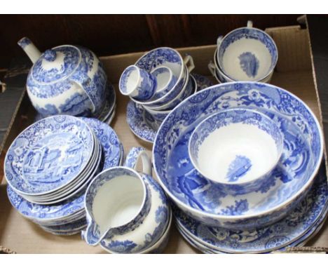 A BOX CONTAINING A GOOD SELECTION OF BLUE &amp; WHITE TRANSFER DECORATED TABLE WARES the majority, Copeland Spode tower 