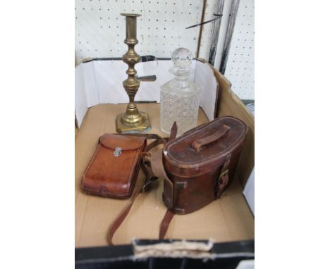 A BOX CONTAINING A T. FRENCH &amp; SON LTD LONDON 1916 BINOCULARS, candlestick, etc.. 