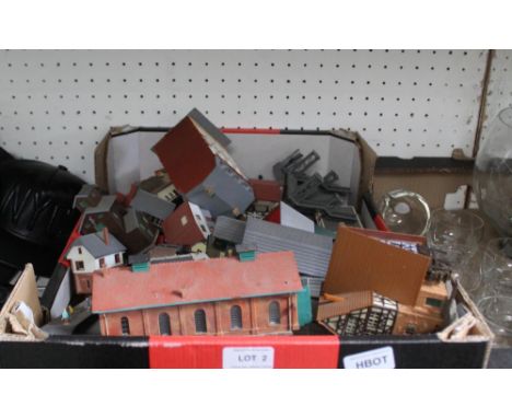 A BOX CONTAINING A SELECTION OF MODEL TRAIN HOUSES and other railway related items 
