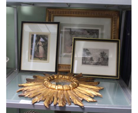 A SUNBURST DESIGN MIRROR together with three pictures 
