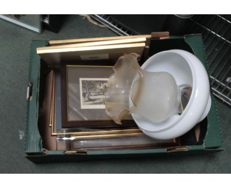 A BOX CONTAINING A SELECTION OF DECORATIVE PRINTS together with oil light chimneys and shades 