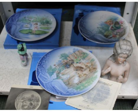 THREE BOXED BING &amp; GRONDAHL HANS CHRISTIAN ANDERSEN PLATES together with two vintage dolly tops 