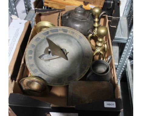 A BOX CONTAINING A SELECTION OF DOMESTIC METALWARES to include large pair of open brass twist candlesticks, and a sundial in 