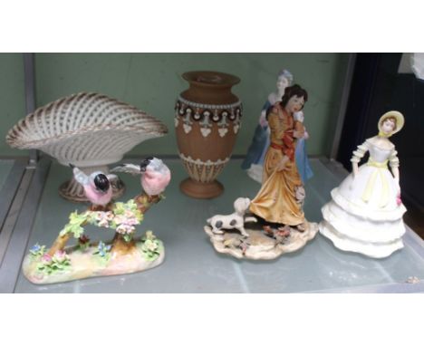 A SELECTION OF PORCELAIN to include Royal Worcester figurines and a Doulton Lambeth vase 