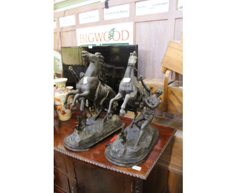 A LARGE PAIR OF PROBABLE SPELTER MODEL MARLEY HORSES on wooden plinth base 