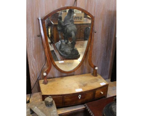 A 19TH CENTURY MAHOGANY FINISHED DRESSING TABLE MIRROR with adjustable plain plate, on a box base having three drawers 