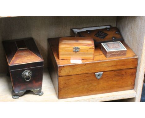 A SELECTION OF BOXES, SARCOPHAGUS SHAPED TEA CADDY, and others 