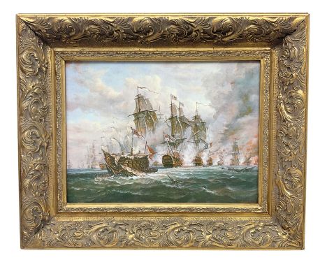 After Jacob ******* (20th century): naval sea battle between British and French men-o-war, textured colour print on canvas 29