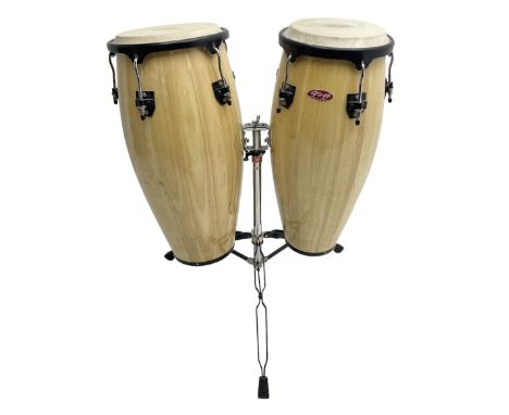 Pair of Stagg conga drums, top D24cm; with central standCondition Report:Good condition but thread appears to be stripped to 