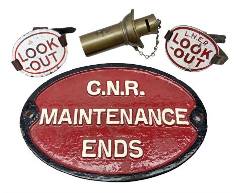 Railway interest - oval cast-iron plaque 'G.N.R. Maintenance Ends' in red, white and black L30cm; two red/white enamel 'Look 