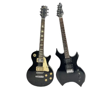 Stagg heavy metal style six-string electric guitar, finished in black with chrome tuning pegs, fret markers and humbucker pic