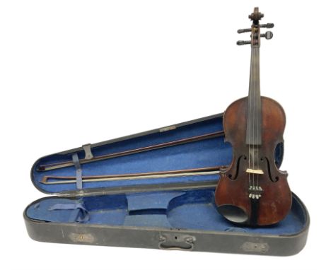 Mid-19th century amateur made violin, probably English, the 36cm one-piece maple back with manuscript inscription 'H. Carlin 