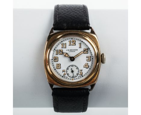 FINE NINE CARAT GOLD CUSHION CASE J.W. BENSON GENTLEMAN'S WRISTWATCH
c1939, the white dial with luminous Arabic numerals and 