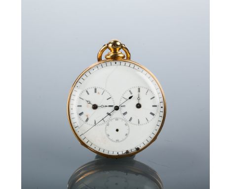 EIGHTEEN CARAT GOLD OPEN FACED DUAL TIME POCKET WATCH
by Henry Courvoisier, unsigned key wind detached lever movement, the wh