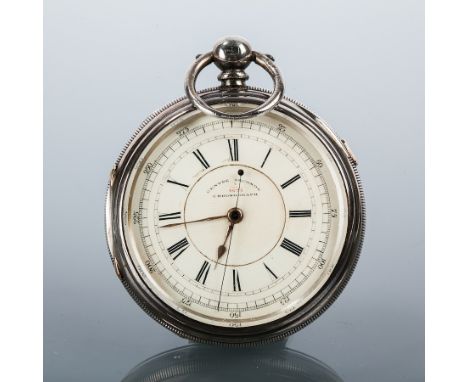 STERLING SILVER OPEN FACE CENTRE SECONDS CHRONOGRAPH POCKET WATCH
the white dial with Roman numerals, numbered 7/4625, signed
