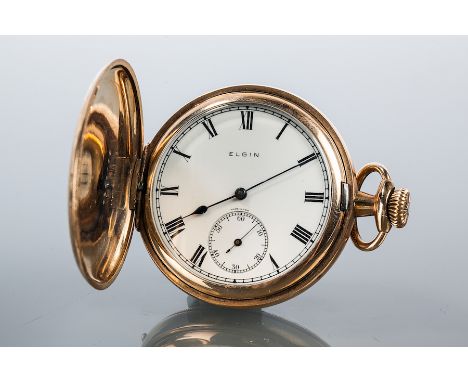 GENTELMAN'S ROLLED GOLD FULL HUNTER ELGIN POCKET WATCH
keyless wind movement signed "Elgin Natl Watch Co. USA Seven Jewels 25