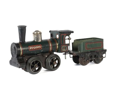    Dampflok   Bing, Spur 0, wohl 7220, BZ 1902-1905, Uhrwerkantrieb, grün/schwarz m. Aufschrift "RECORD", "0/35", v+r, L: 13,