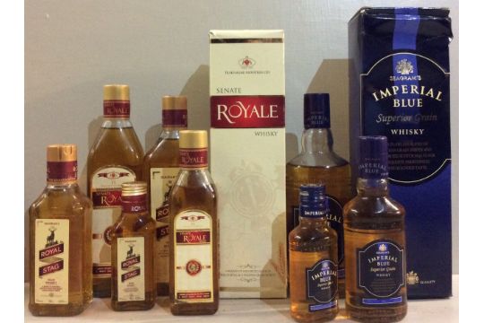 Imperial Blue Four Bottles Of Whiskey To Include 750ml 375ml 180ml And 75ml Together With Six