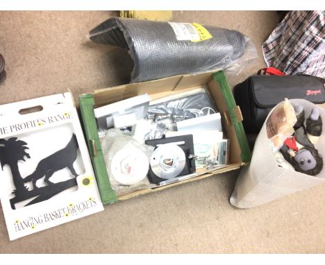 A collection of various vintage car parts including a boxed Mercedes star, Jaguar, Rover etc and other items such as soft toy