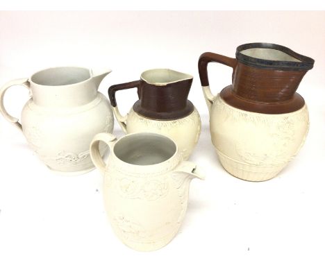 A collection of jugs including 3 Turner jugs and a Spode one. Postage D Areas of damage shown in images.