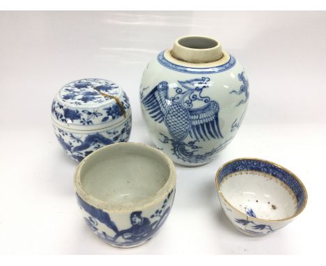 Four blue and white ceramic items comprising a ginger jar, aporox height 13.5cm, pot and cover, tea bowl and one other pot. S