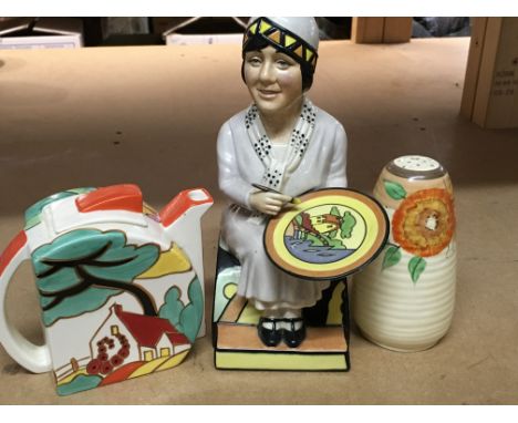 A collection of Art Deco style ceramics including Kevin Francis figure , Clarice Cliff Wedgwood tea pot . Cup saucer, sugar s