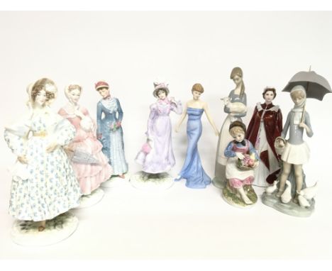 A Collection of porcelain figurines including Royal Doulton, Royal Worcester, Lladro. Some restoration . Postage category D