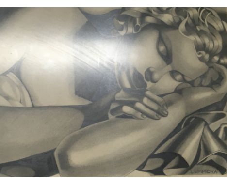A framed pencil sketch in the manor of Tamara De Lempicka depicting a 1930s lady sleeping. Signed in pencil. 59x51cm